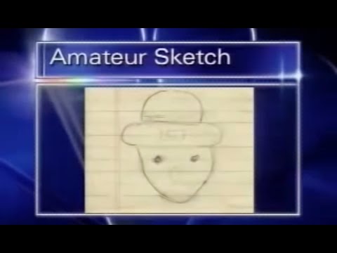 The broadcast’s amateur sketch: a face wearing a brimmed hat, drawn on lined paper.
