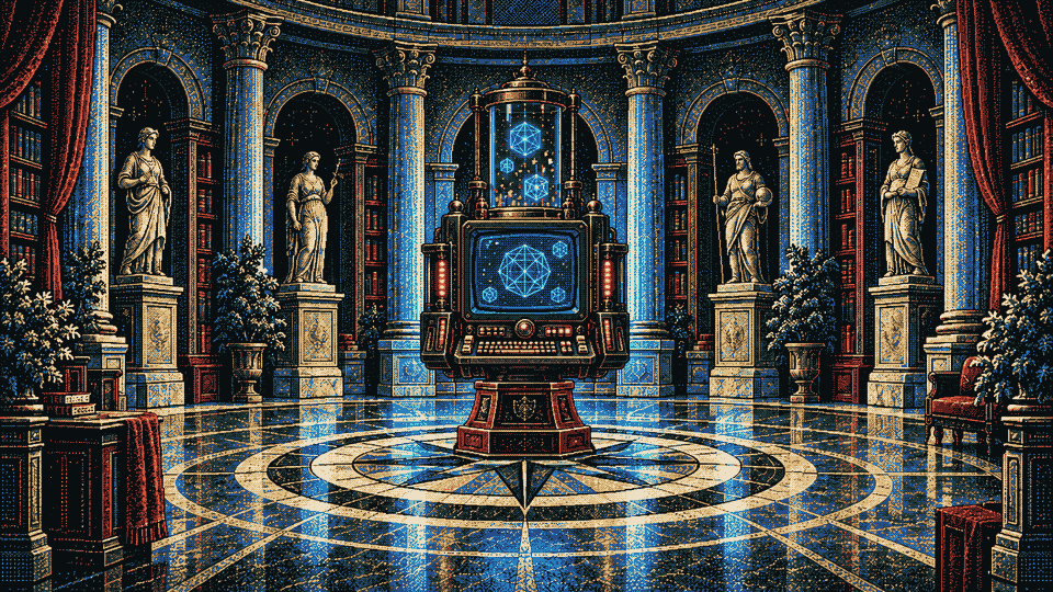 An imagined circular archive with a retro-futuristic computer, glowing cyan wireframes, blue columns, statues, and a patterned stone floor.