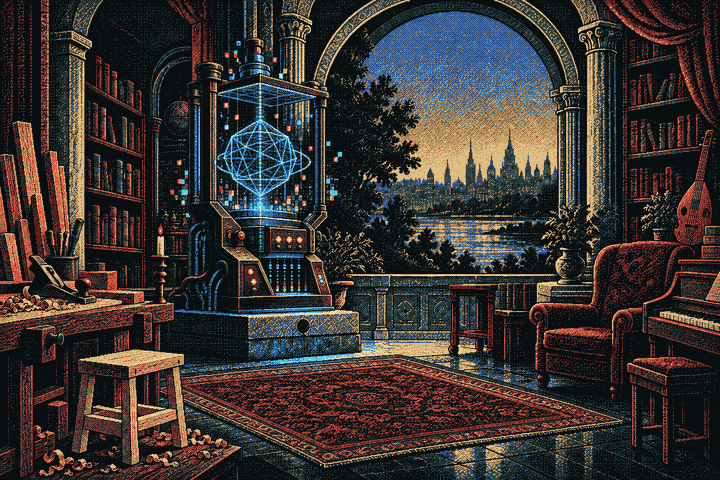 An imagined study with a glowing wireframe computer, a woodworking bench, musical instruments, and a window over a river city.
